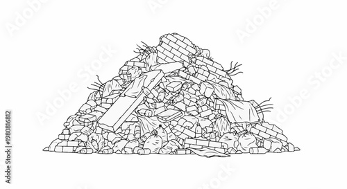A monochromatic illustration depicts a large pile of rubble, including bricks and debris