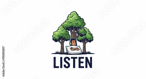 A person rests on a pillow under trees wearing headphones, word LISTEN below