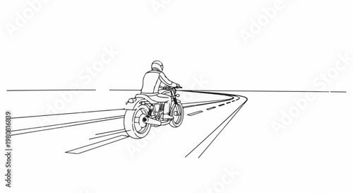 A person rides a motorcycle on a winding road, with a clear sky above