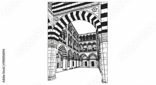 A monochrome depiction of a grand, multi-storied courtyard with arched walkways