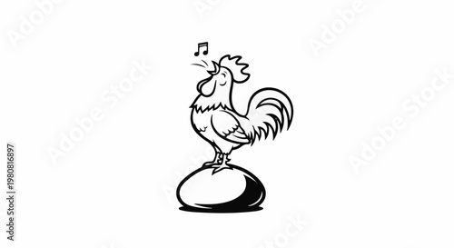 A rooster crows on a rounded rock, with a musical note above