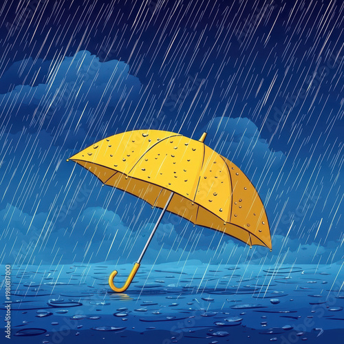 Yellow umbrella rain storm water weather protection wet handle droplet reflection cheerful yellow umbrella under heavy rain shower over reflective water surface creating dynamic weather scene