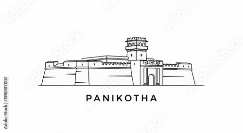 A monochrome line drawing of a fortress with battlements and a central tower