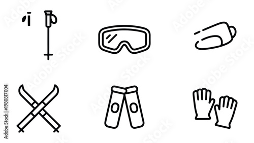 Ski Gear Essentials: A minimalist collection of essential ski gear, including skis, poles, goggles, gloves, and knee pads, epitomizing the thrill of winter sports.