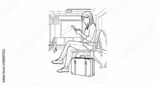 A person sits with a phone and luggage in a waiting area