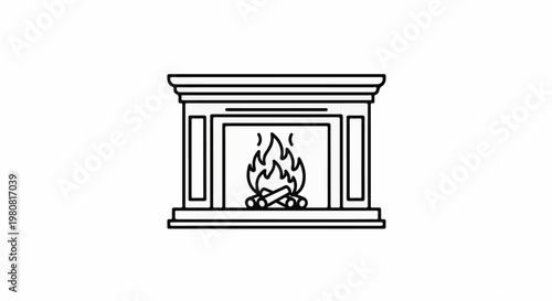 A simple line drawing of a fireplace with a warm, glowing fire and logs