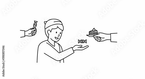 A person smiles and receives candy while cake is offered