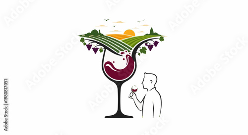 A man admires a wine glass filled with swirling red wine, a vineyard in the background