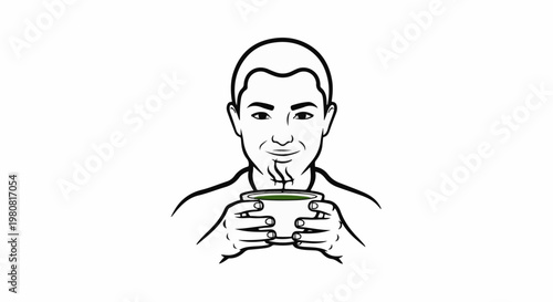 A person smiles holding a steaming green beverage in a white cup