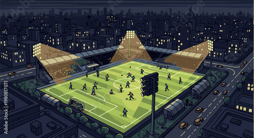 A pixelated nighttime soccer game unfolds under stadium lights in an urban setting