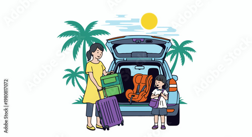 A mother and child pack luggage into a car for a sunny tropical getaway