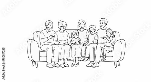 A multi-generational family of seven sitting together on a couch, smiling