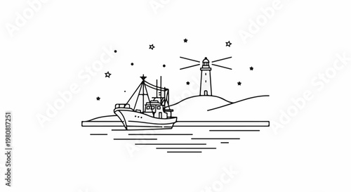 A nautical scene with a fishing boat, lighthouse, and stars in a minimalist style