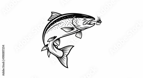 A monochrome illustration of a trout leaping from water, catching a fly