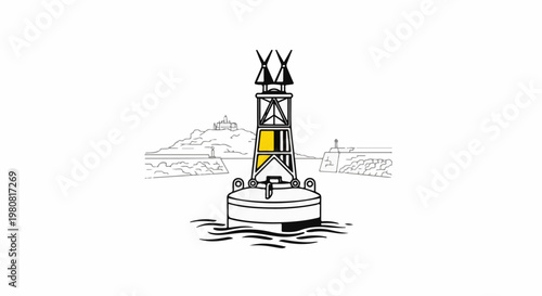 A navigational buoy marks the channel in a stylized harbor with a castle on the hill