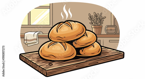 A stack of warm, crusty bread rolls rests on a wooden cutting board in a cozy kitchen