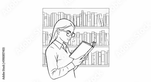 A person wearing glasses reads a book in front of a bookshelf filled with books