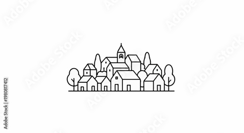 A minimalist black and white line drawing of a village scene with houses and trees