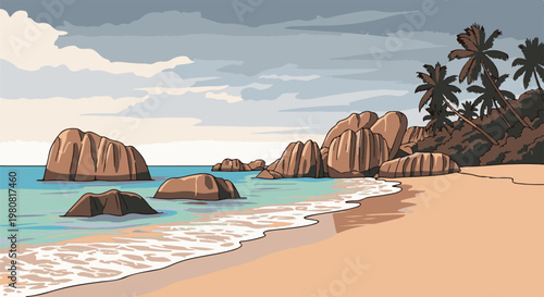 A pixelated tropical beach scene with ocean, sand, rocks, and palm trees