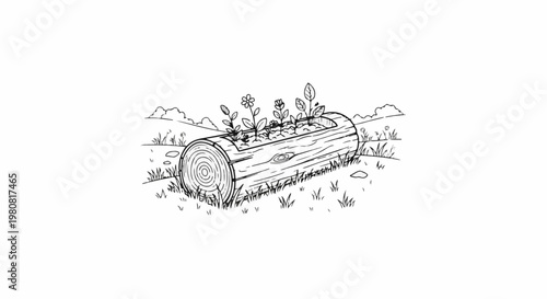 A rustic log planter brimming with small flowers and foliage in a grassy field
