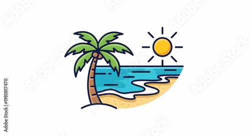 A simplified illustration of a tropical beach with a palm tree and the sun