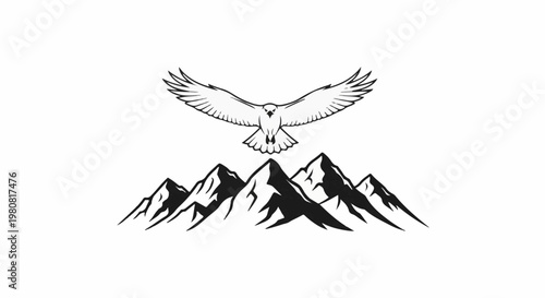 A majestic eagle soars above a rugged mountain range, rendered in a bold, graphic style
