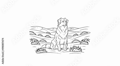 A majestic dog sits patiently in a field of rolling hills and sparse bushes