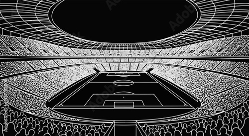 A stark, graphic illustration of a stadium filled with spectators, facing a soccer field