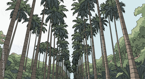 A perspective view looking up a pathway lined with tall palm trees