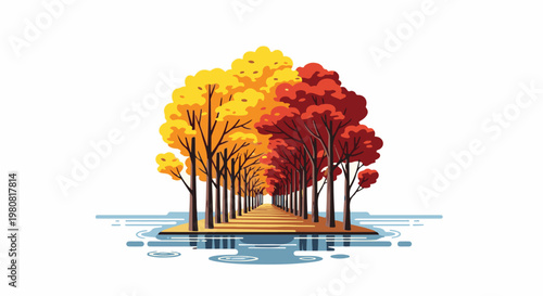 A perspective view of a pathway lined with trees in autumn colors