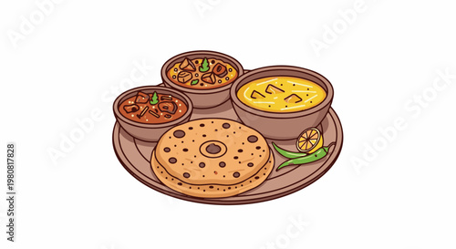 A platter of food with bowls of curry, dal, flatbread, lemon, and chili