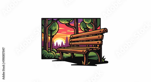 A pixelated wooden bench sits in a serene forest scene at sunset