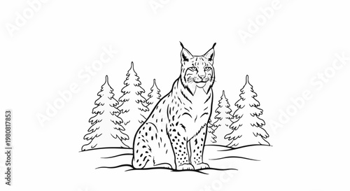 A lynx sits in a snowy forest with pine trees in the background
