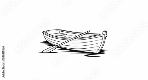 A simple line drawing of a wooden rowboat with a single oar resting inside