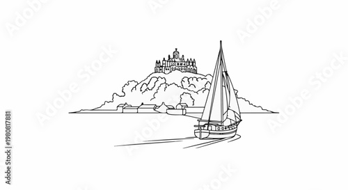A sailboat glides on water towards a castle atop a hill