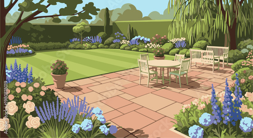 A picturesque garden patio with a dining set, benches, and abundant floral arrangements