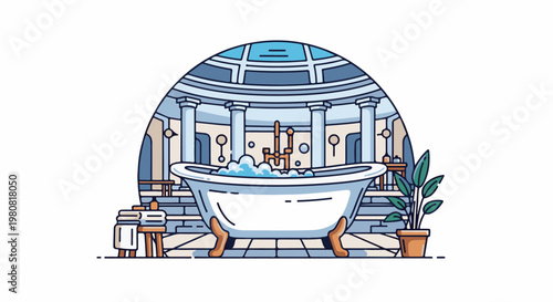 A luxurious bathtub filled with bubbles in a grand room