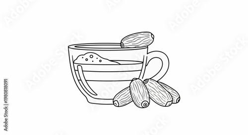 A simple line drawing shows a cup of a frothy beverage with dates
