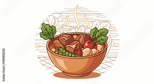 A steaming bowl of hearty stew with meat, vegetables, and herbs