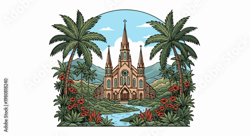 A picturesque scene of a gothic church surrounded by lush tropical foliage and mountains