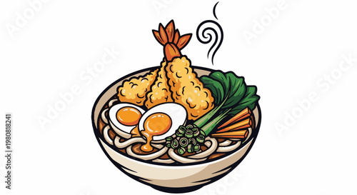 A steaming bowl of noodles with tempura shrimp, eggs, vegetables, and broth