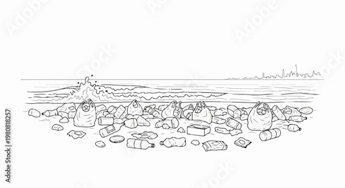 A polluted shoreline with waves crashing, strewn with plastic bags, bottles, and debris