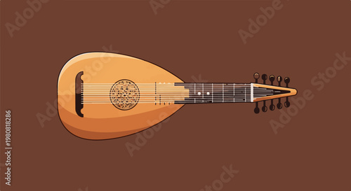 A lute, an ancient stringed musical instrument, rests against a brown background