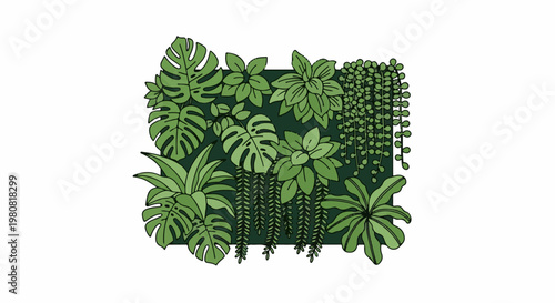 A lush vertical garden featuring various green houseplants in a cartoon style