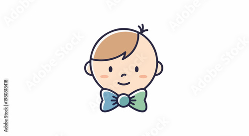 A simple, charming illustration of a baby's smiling face wearing a bow tie