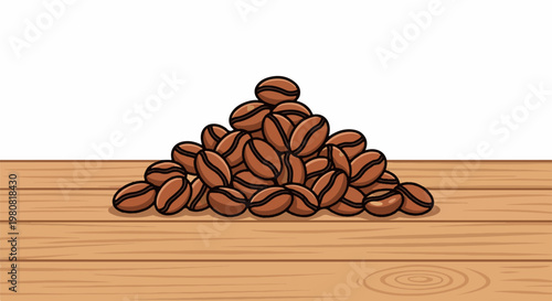 A pile of brown coffee beans rests on a wooden surface against a white background