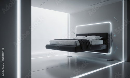 Bedroom bed levitation in minimalist futuristic interior with neon lights and high tech decor for modern sci-fi home