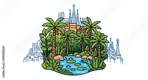 A lush urban oasis with palm trees, a pond, and distant city architecture
