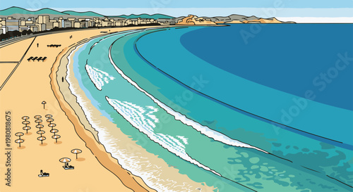 A seaside cityscape with a large, curved beach and turquoise ocean waves