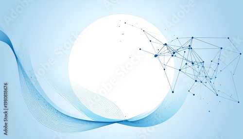 A light blue digital abstract design with lines, dots, and a central white circle, evoking a connected network